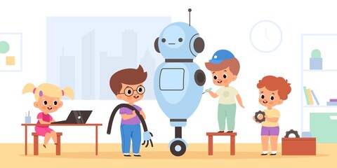 Kids robotics project. Young inventors assemble big electronic toy in workshop, children engineering project, tech education class. Cute pupils repair cyborg vector cartoon isolated concept