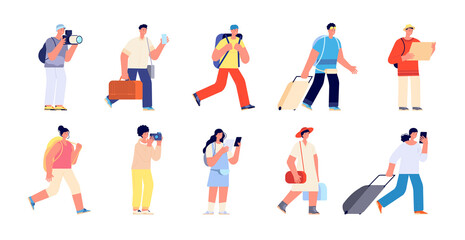 Wall Mural - Touristic characters. Travelers people, travelling vacation persons. Adults with luggage, isolated flat woman man hold suitcase. Tourism utter vector set