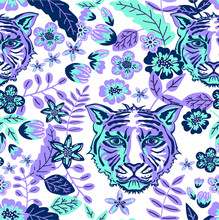 Seamless Vector Pattern With Wild Cat Face, Herbs And Flowers. Tiger Mask And Botanical Elements. Fashionable Print For Textiles