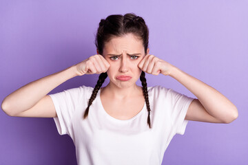 Poster - Photo of young girl unhappy sad upset cry stressed depressed problem fail isolated over purple color background