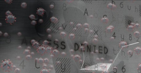 Poster - Composition of hooded hacker using laptop with covid cells and access denied message on screen