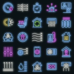 Poster - Climate control systems icons set. Outline set of climate control systems vector icons neon color on black