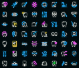 Sticker - Tooth restoration icons set. Outline set of tooth restoration vector icons neon color on black