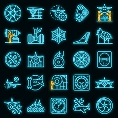 Poster - Aircraft repair icons set. Outline set of aircraft repair vector icons neon color on black