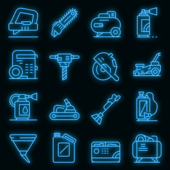 Wall Mural - Gasoline tools icons set. Outline set of gasoline tools vector icons neon color on black