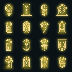 Poster - Pendulum clock icons set. Outline set of pendulum clock vector icons neon color on black