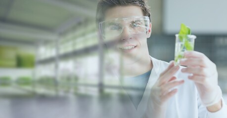 Poster - Composition of male scientist holding beaker with plant in laboratory with motion blur