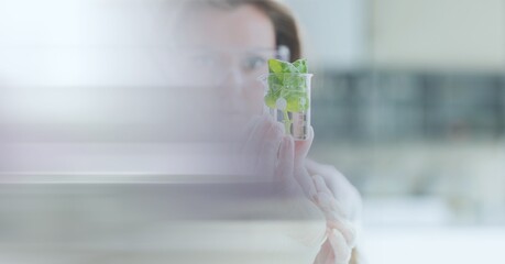 Poster - Composition of female scientist holding beaker with plant in laboratory with motion blur
