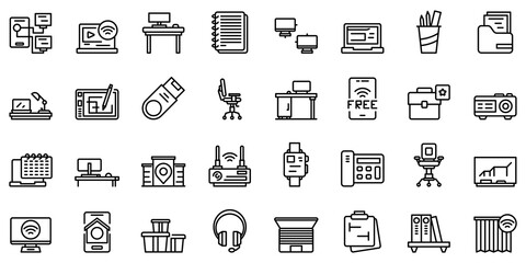 Poster - Smart office space icons set. Outline set of smart office space vector icons for web design isolated on white background