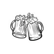 Vector Beer illustration isolated on white background, vintage style, black lines, engraved image, two beer mugs.
