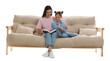 © New Africa - Young woman and her daughter reading book on comfortable sofa against white background