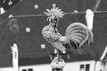 Metal Weathercock Or Weather Vane. Metal Figure Of Rooster. Instrument For Showing Direction Of The Wind. Rooftop Of St Vitus Cathedral, Prague Castle, Czech Republic. Black And White Image.
