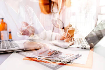Virtual hospital, telemedicine, online medical, smart health, medical technology development concept. Doctor using digital tablet connecting with patient and health care icons on virtual screen