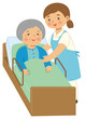 介護用ベッドで介護されている高齢の女性と、女性の介護者