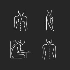 Sticker - Bad posture problems chalk white icons set on black background. Head tilt. Flatback syndrome. Spinal abnormalities. Neck pain. Losing normal curvature. Isolated vector chalkboard illustrations