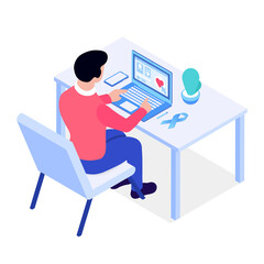A man visits a medical site looking for useful information. Medical information technology. Man's health. Vector Illustration in isometric style isolated on white background. 
