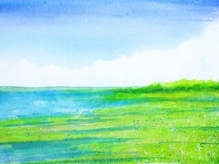 watercolor landscape summer lake mountain and green field with blue sky.hand drawn on paper.	