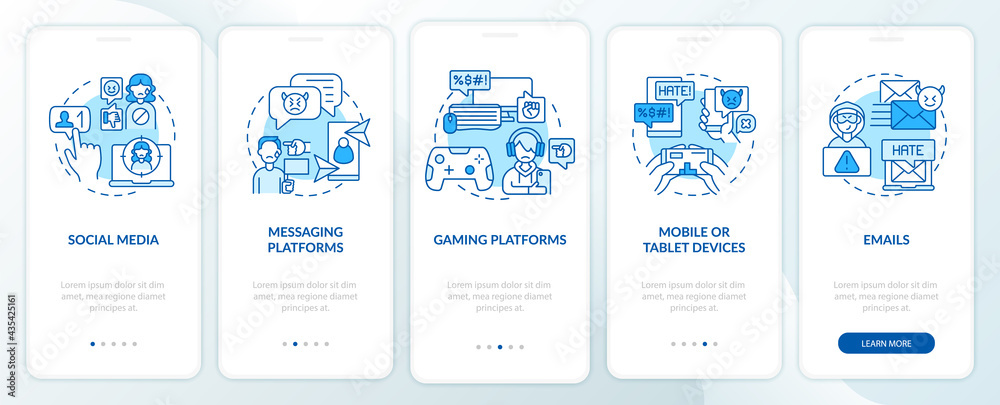 Cyberhumiliation channels onboarding mobile app page screen with ...