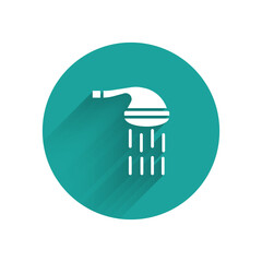 Sticker - White Shower head with water drops flowing icon isolated with long shadow. Green circle button. Vector