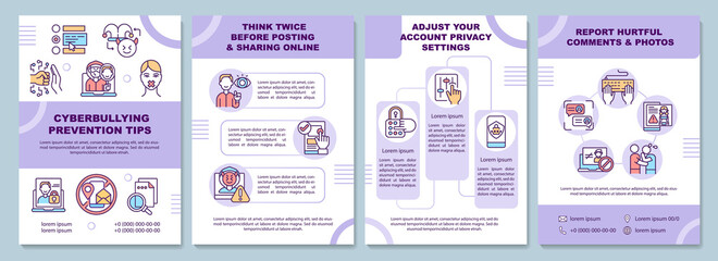 Wall Mural - Cyberbullying prevention tips brochure template. Reporting, privacy. Flyer, booklet, leaflet print, cover design with linear icons. Vector layouts for presentation, annual reports, advertisement pages