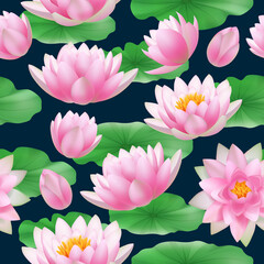 Poster - Lotus seamless pattern. Colored tropical nature flowers lotus buds with leaves decent vector realistic background