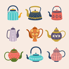 Poster - Decorative kettle. Colored kitchen householder ceramic utensils for hot drinks recent vector flat illustrations collection