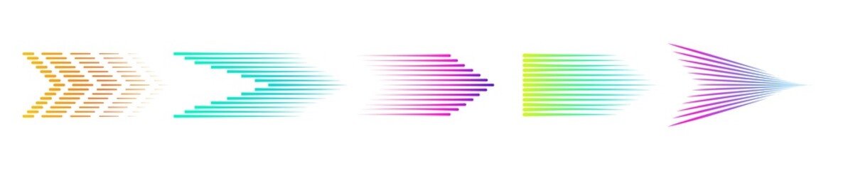 Poster - Halftone arrows. Colorful arrow, speed lines elements. Isolated graphic gradient symbols, shading decorative vector set