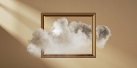 Wall Mural - 3d render. White fluffy cloud flies through the golden frame, isolated on beige background. Modern minimal gallery concept