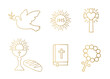 golden christianity icon set; dove, holy communion, cross, chalice and bread, bible and rosary - vector illustration