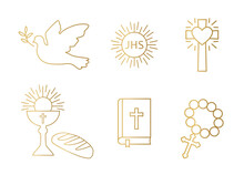 Golden Christianity Icon Set; Dove, Holy Communion, Cross, Chalice And Bread, Bible And Rosary - Vector Illustration