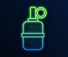 Sticker - Glowing neon line Hand grenade icon isolated on blue background. Bomb explosion. Vector