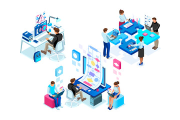 Symbolic Program and Development Symbols. Icon Collection of Decision Process Model Concepts. Characters working on Automation Procedures. Flat Cartoon Vector Illustration.