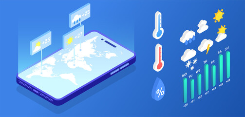 Poster - Isometric weather forecast application elements