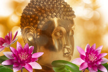 Beautiful Golden Buddha Sculpture And Lotus Flowers On Color Background