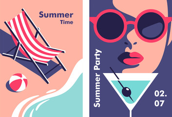 Wall Mural - Summer party, vacation and travel concept. Vector flyer or poster design in minimalistic style.