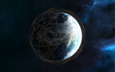 Wall Mural - Planet Earth. Visualization of satellite orbits. Solar system. 3D render. Science fiction. Elements of this image furnished by NASA
