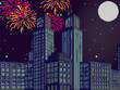 Pixel city with fireworks. Retro pixel background. Pixel art 8 bit game