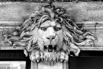 Typical portuguese facade with lion carved in stone