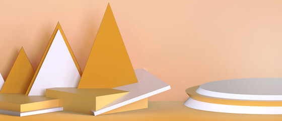 Aufkleber - Creative idea. Podium showcase Geometric shapes Triangle and Cylinder Minimal stage Christmas Concept on Yellow wall Background. copy space, design banner for product - 3d rendering