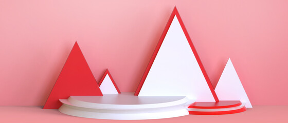Poster - Creative idea. Podium showcase Geometric shapes Triangle and Cylinder Minimal modern stage Concept on Red wall Background. copy space, banner- 3d rendering