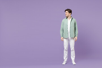 full length fun smiling happy cool caucasian stylish man 20s wearing casual mint shirt white t-shirt