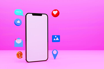 Poster - Modern Social Media Icons with Emojis and Mobile Abstract 3D Rendered Background. Web backdrop design banner concept