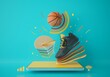 basketball with a smartphone. sport application online game. basketball training program. sport concept design. green background copy space. the online shopping store mobile connection. 3d illustrator