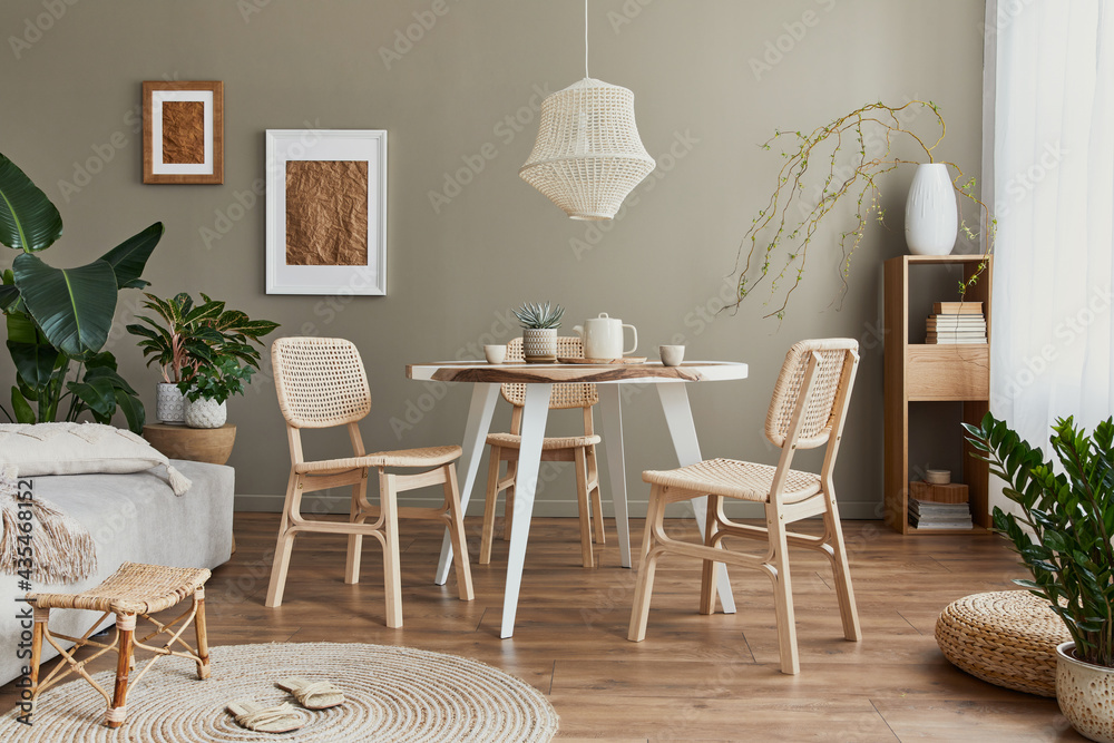Stylish interior of dining room with family table, rattan chairs, pendatn lamp, plant, tableware, carpet, decoration and elegant accessories. Template. - obrazy, fototapety, plakaty 
