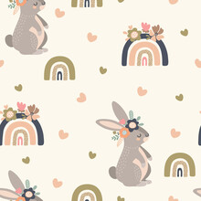 Seamless Vector Pattern With Cute Gray Rabbits And Rainbows. Creative Animal Texture. Great For Baby Fabrics, Textiles And Designs