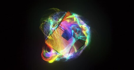 Poster - abstract glass cube and colorful iridescent particle flow. rotation of a cube and fluid dynamic. ref