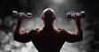 © vectorfusionart - Composition of rear view of muscular bald man exercising with dumbbells over black and white blur