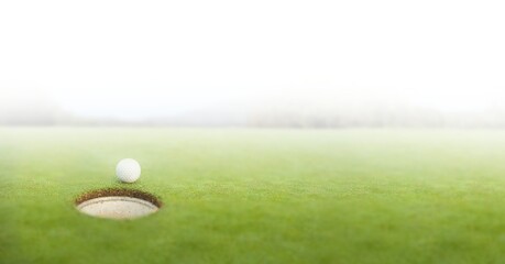 Poster - composition of golf ball on golf course over white blur