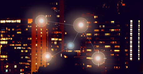 Canvas Print - Composition of network of connections over cityscape at night