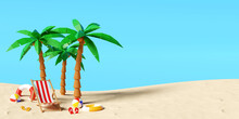 Summer Vacation Concept, A Summer Beach With Beach Umbrella, Chairs And Accessories, 3d Illustration